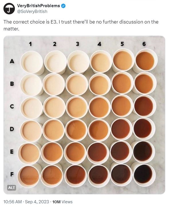 Different shades of teas in a grid. A to F down the side and 1 to 6 along the top. A1 is basically milk, F6 is black. The teas get darker from top left (A1) to bottom right (F6). The teas in the middle of the grid are various shades of brown.